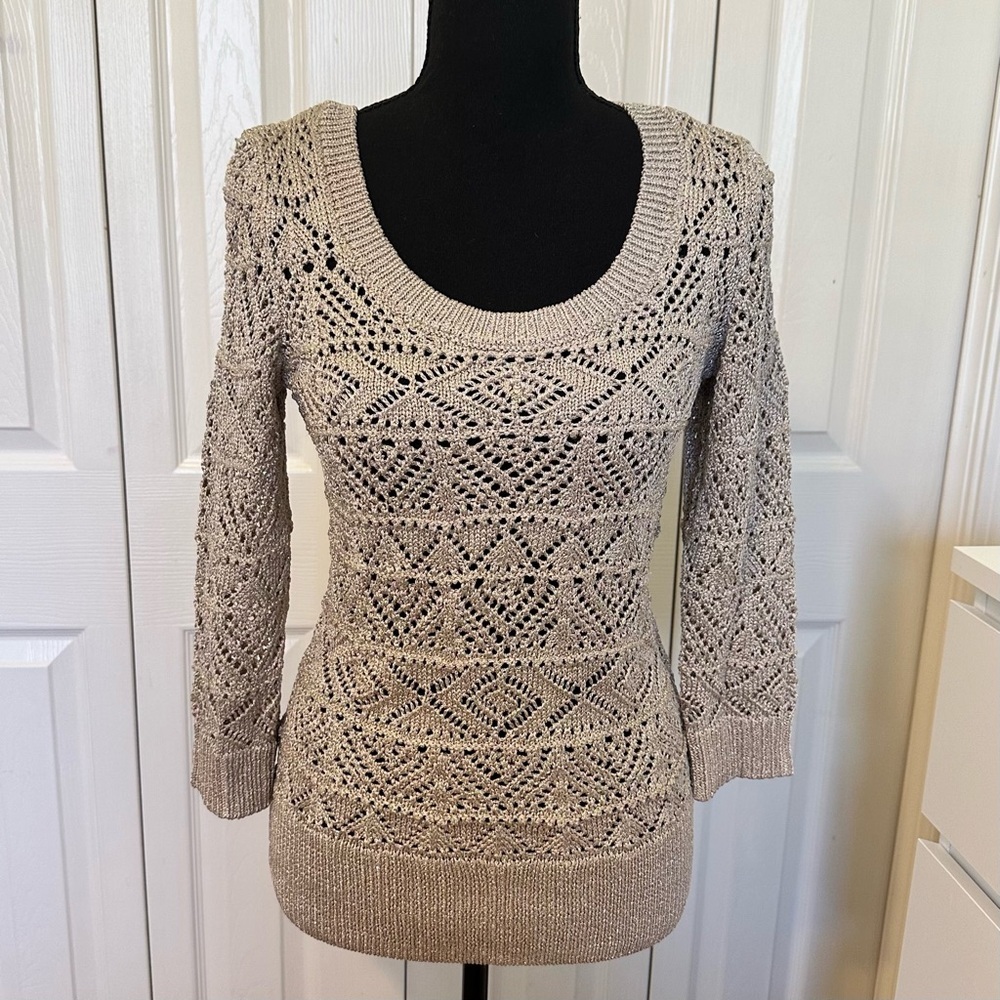 White House Black Market Open Knit Crochet Sweater Top XS Metallic Pearl Taupe